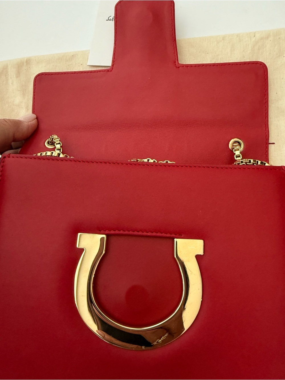 Authentic Ferragamo Red Leather Gancini Crossbody Bag with Gold hardware - Picture 11 of 11